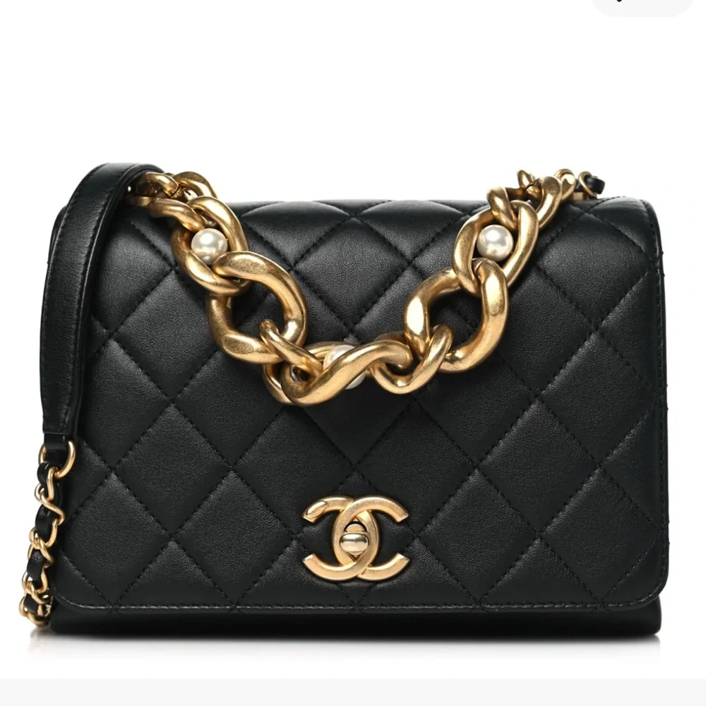 Chanel CC Quilted Lambskin Triple Pearl Chain Flap satchel medium size